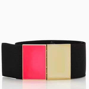 Kate Spade Black Elastic Stretch Belt  Rectangle Red Gold Colorblock Buckle Sz.S